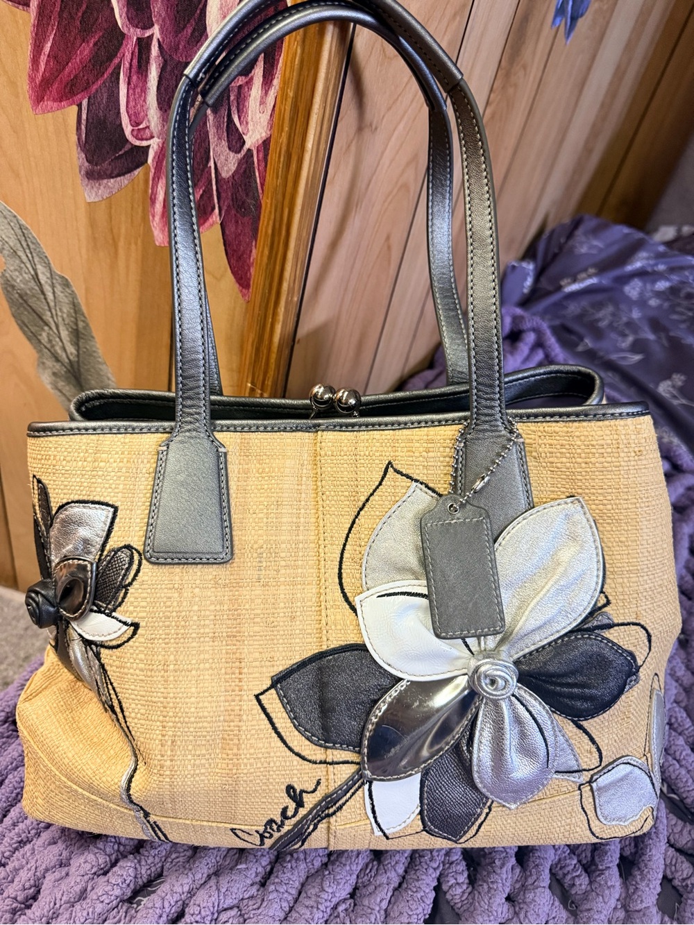 Coach Beige Woven Tote with Black and Silver Floral Accents